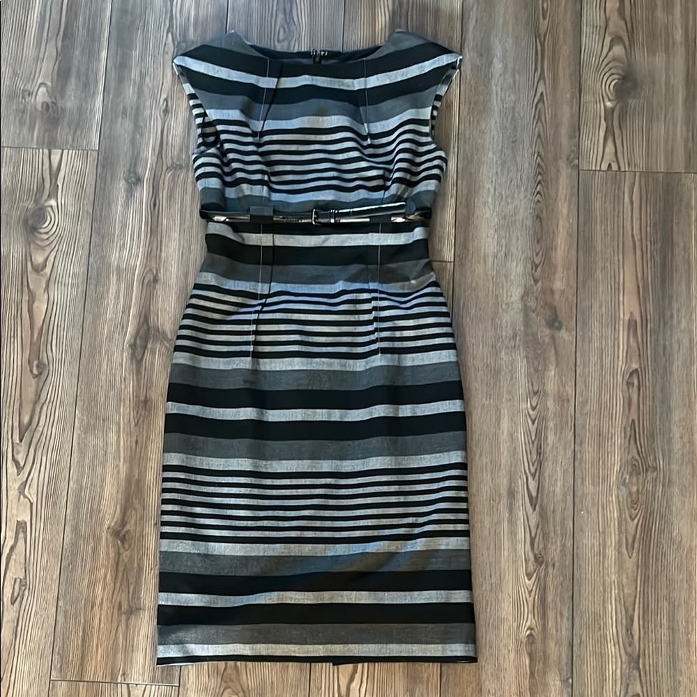 Calvin Klein day or night sheath dress wide stripes black gray navy boat